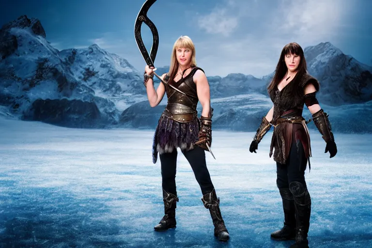 Image similar to xena warrior princes, standing in a frozen landscape holding a sword, tv series, studio lighting