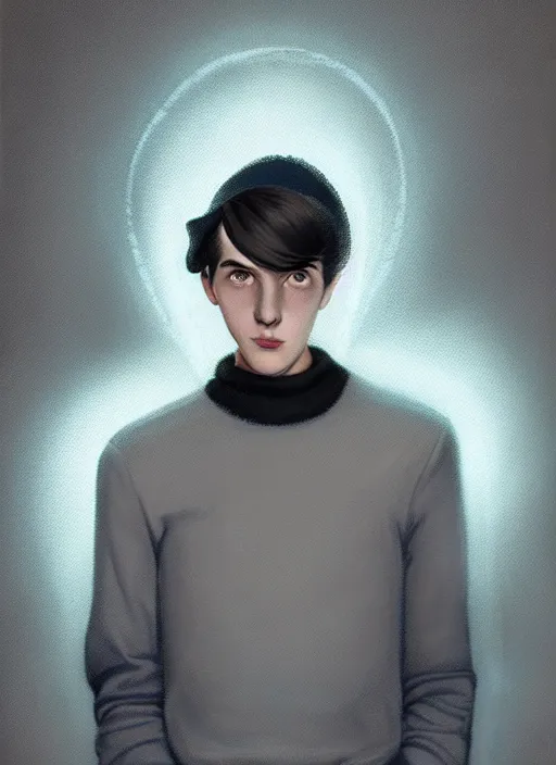 Image similar to portrait of teenage jughead jones wearing a light grey crown, crown, blue turtleneck, 1 9 5 0 s, closed eyes, photorealistic, black hair, glowing lighting, intricate, elegant, glowing lights, highly detailed, digital painting, artstation, concept art, smooth, sharp focus, illustration, art by wlop, mars ravelo and greg rutkowski