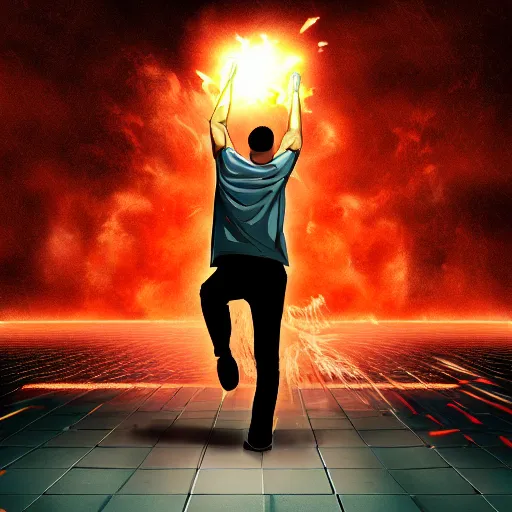 Image similar to man hitting the ground creating a explosion, anime, album cover