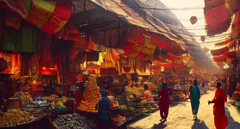 Image similar to bazaar in delhi. art by salman toor. global illumination, radiant light, detailed and intricate environment, atmospheric light, cinematic, trending on artstation