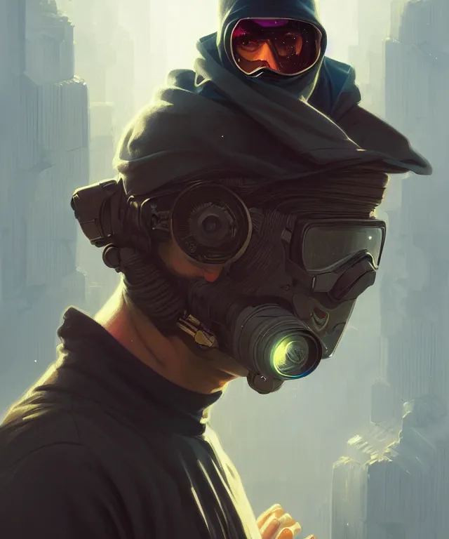 Prompt: Hacker man ski-fi portrait, highly detailed, digital painting, artstation, concept art, smooth, sharp focus, illustration, art by artgerm and greg rutkowski and alphonse mucha