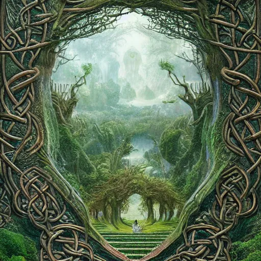 Image similar to a beautiful and highly detailed matte painting of a giant tree in a magical garden in lush forest in the valley of dreams, celtic knots, intricate details, epic scale, insanely complex, 8 k, sharp focus, hyperrealism, very realistic, by caspar friedrich, james gurney, brian froud,