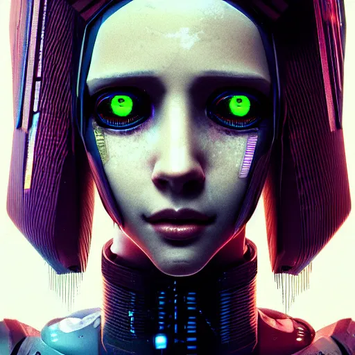 Image similar to A cyberpunk portrait of a cute woman with one robotic eyes, robot, cyborg, detailed, textured, artstation, Blade Runner, Ghost in the Shell, Alita, Battle Angle, Cyberpunk 2077, Pinterest, photorealism, octane render.