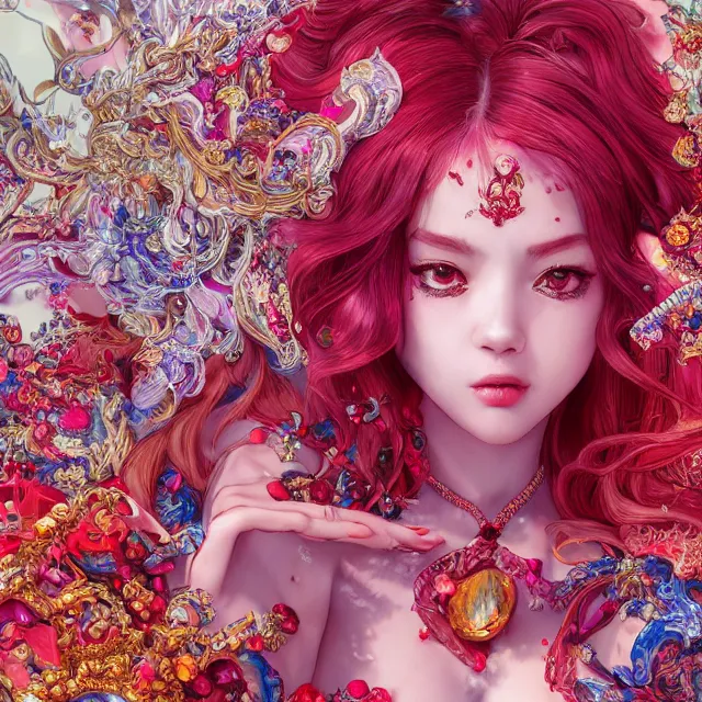 Image similar to an absurdly beautiful, elegant, young hypercolorful sensual gravure idol partially made up of rubies and red gems, ultrafine hyperrealistic detailed face illustration by kim jung gi, irakli nadar, intricate linework, sharp focus, bright colors, matte, octopath traveler, final fantasy, unreal engine highly rendered, global illumination, radiant light, intricate environment