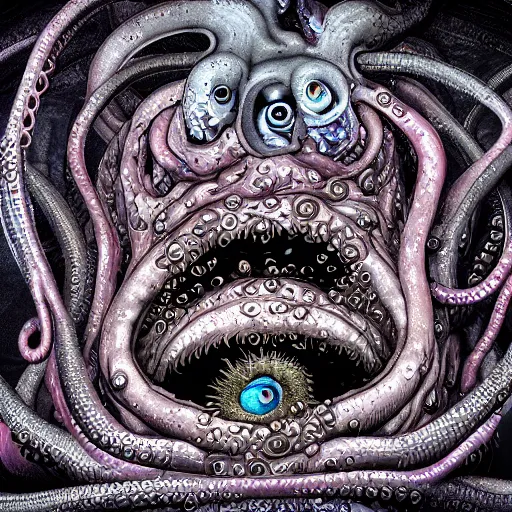 Prompt: shoggoth, eldritch horror, tentacles, gaping maw, multiple eyeballs, ultra detailed 8k render, album art by 23 Envelope