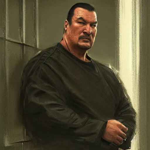 Prompt: sad steven seagal in jail cell, prison bars, prison bars, prison bars, intricate, highly detailed, digital painting, artstation, concept art, smooth, sharp focus, illustration, art by greg rutkowski, patriotic!!!