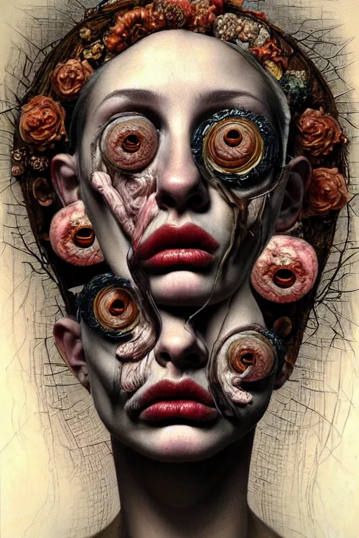 Prompt: Detailed maximalist portrait with large lips and eyes, scared expression, with extra flesh, HD mixed media, 3D collage, highly detailed and intricate, surreal illustration in the style of Jenny Saville, dark art, baroque, centred in image