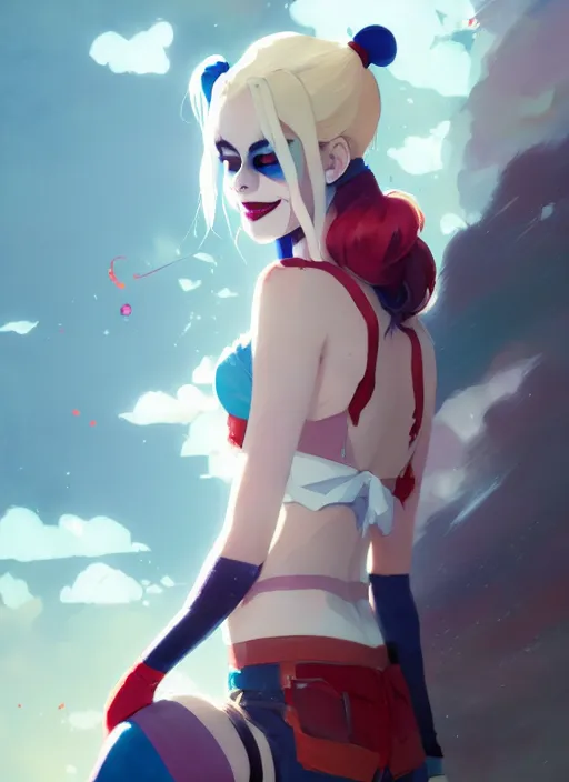 Image similar to portrait of harley quinn, cloudy sky background lush landscape illustration concept art anime key visual trending pixiv fanbox by wlop and greg rutkowski and makoto shinkai and studio ghibli