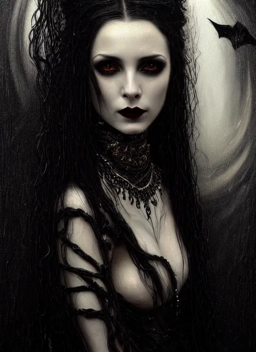 Image similar to highly detailed oil painting | very intricate | cinematic lighting | black, white and blood color scheme, dark background | portrait of a exquisite beautiful vampire woman with long elegant tangles of black hair, eyes, gothic fog ambience, hyper realistic head, fantasy victorian art, in the style of greg rutkowski, zdizslaw beksinski, intricate, alphonse mucha