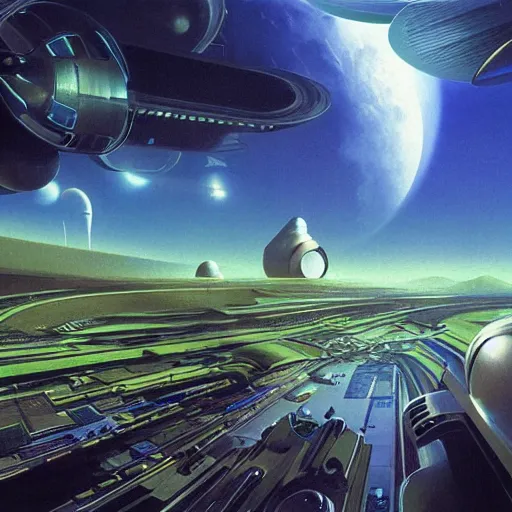 Image similar to beautiful matte painting album cover art of green gardens with roads on a futuristic sci-fi space station, cinematic angle, cinematic lighting, blue sky, by Syd Mead, John Harris, Federico Pelat