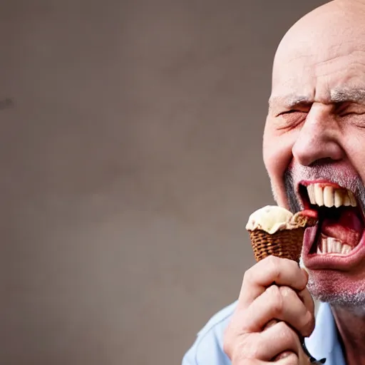 Image similar to old bald guy yelling on the phone and eating ice cream