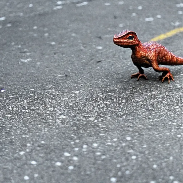 Image similar to a beautiful photo by saul leiter of a tiny dinosaur standing in the street, tiny gaussian blur, insanely detailed, insanely intricate, insanely beautiful, depth of field, low contrast, snowy, wide aperture