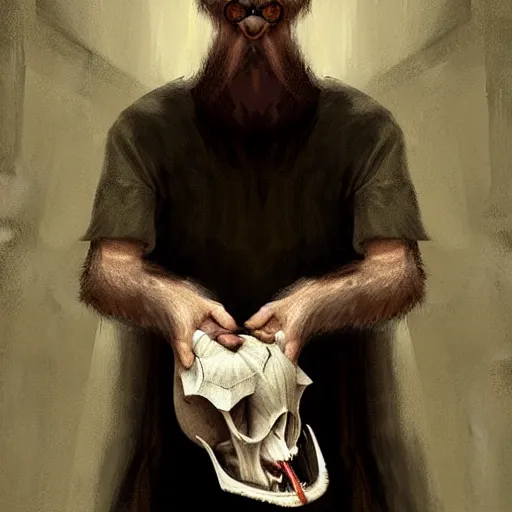 Image similar to man with goat horns holding an animal skull, style of da vinci, fantasy illustration, by greg rutkowski