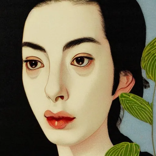Prompt: “ ann hathaway portrait by ikenaga yasunari and ayana otake and ko rakusui, 6 0 s poster, drawing, realistic, sharp focus, japanese, dreamy, nostalgia, faded, golden hues, floral clothes, porcelain skin ”