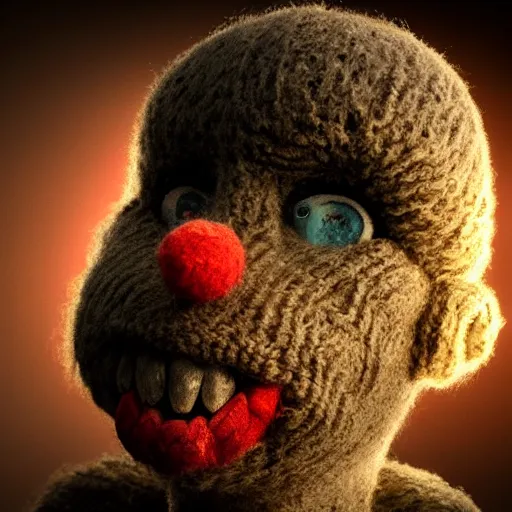 Image similar to woollen sock puppet from hell, missing an ear, big bobbly eyes, octane render, volumetric lighting, smokey atmosphere, rim lighting, glow lights, sharp focus, clear focus, soft shadows, highly intricate, hdr, creepy, clown vibes, textures, 8 k, 4 k, cinematic pose, trending on artstation, deviantart, award winning, contest entry