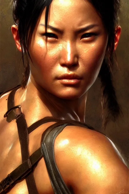 Image similar to muscular sweat chinese lara croft, exhausted face close up, highly detailed painting by gaston bussiere, craig mullins, j. c. leyendecker 8 k