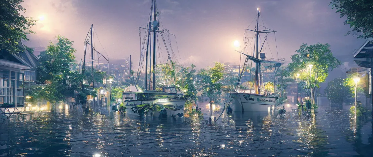 Image similar to cruising ship sailing at raining night at flooded miniature city, sun is on the rise on the town, cute style garden, octane render, trees, evergreen, patio, garden, wet atmosphere, tender, soft light misty yoshitaka amano, and artgerm