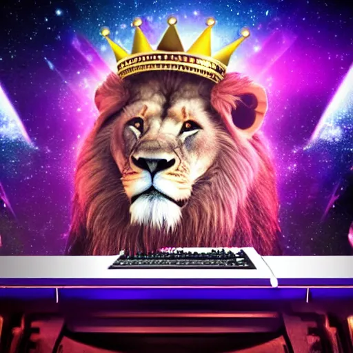 Prompt: Lion with crown in DJ booth in space, synthwave