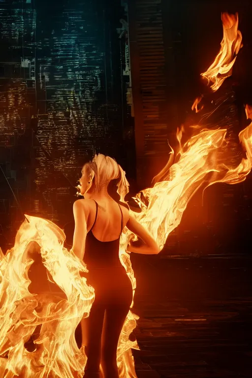 Image similar to beautiful young blonde woman from behind with flames dancing on her hands with a long jacket in a cyberpunk city, realistic, high definition, 4K, shimmering color, art of invincible