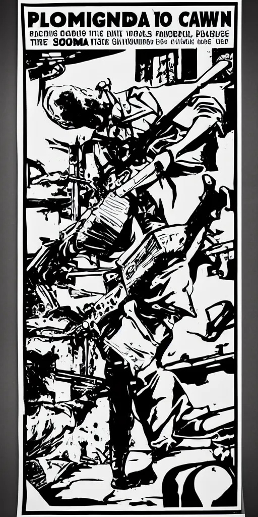 Image similar to propaganda poster for a studio with a chainsaw, black and white, street printed poster, socialist,