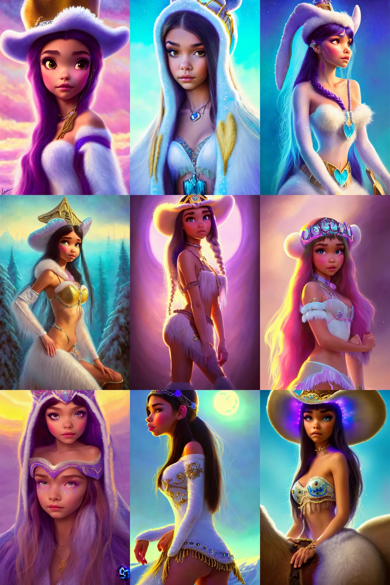 Prompt: madison beer as a raver arctic princess cowgirl | smooth sweaty creamy polished decadent enticing ornate | disney pixar weta movie still portrait photo | hi - fructose, sci fi fantasy, golden ratio, wide - angle film, highly - detailed digital painting, sharp focus, artstation | beeple, artgerm, mucha, wlop, loish |
