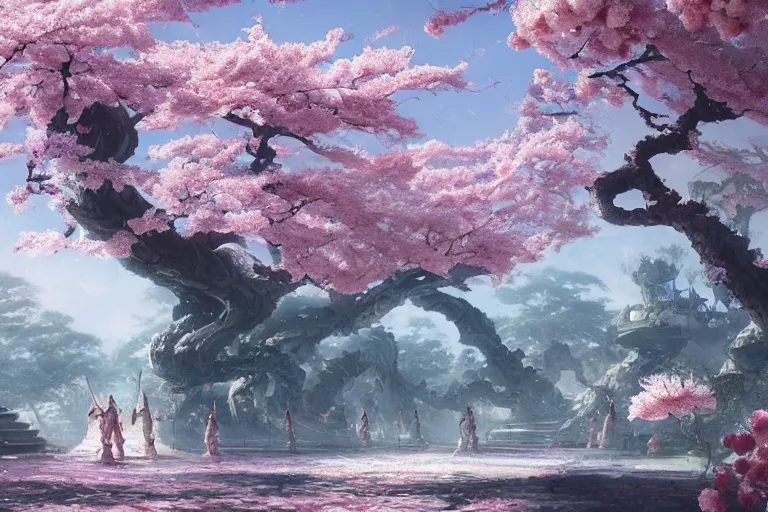 Prompt: a beautiful picture of sakura in full bloom, palace ， aliens brainsuckers fighting samurais, by greg rutkowski and thomas kinkade, trending on artstation