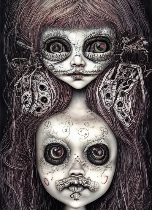 Prompt: portrait of a creepy doll, obsidian eyes, intricate, highly detailed, smooth, digital illustration, the dark and quirky art of scott radke