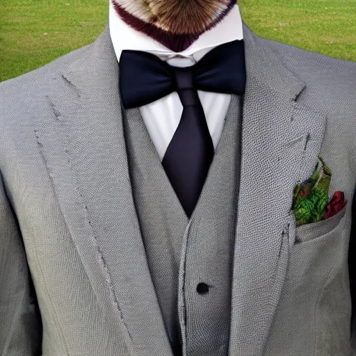 Image similar to A suit and tie with the head of a fox.