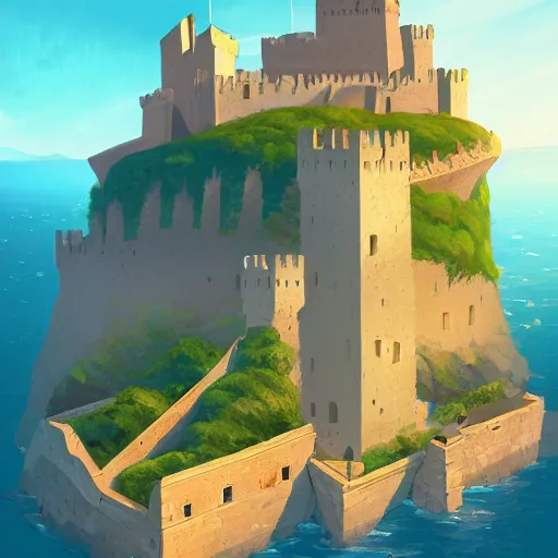 Image similar to View of the Castle of Peñiscola, mattepainting concept Blizzard pixar maya engine on stylized background splash comics global illumination lighting artstation lois van baarle, ilya kuvshinov, rossdraws