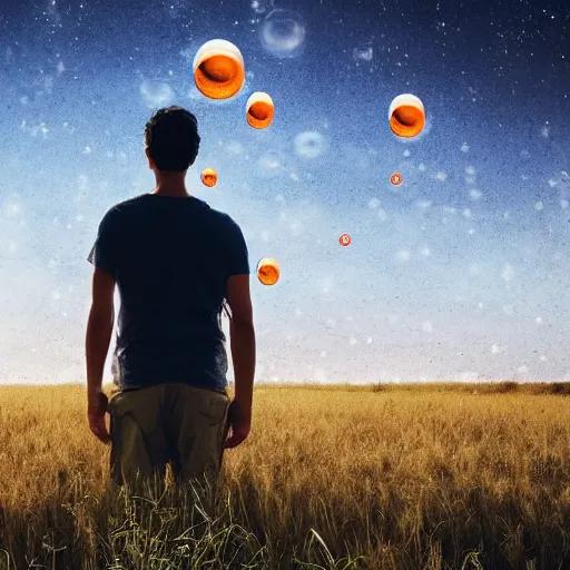 Image similar to a man in a field looking at multiverse bubbles in the sky