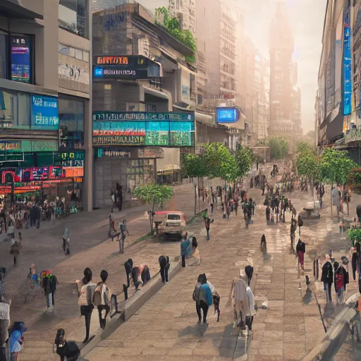Image similar to 8 k hd detailed octane render of a bustling city street in a backwater spaceport