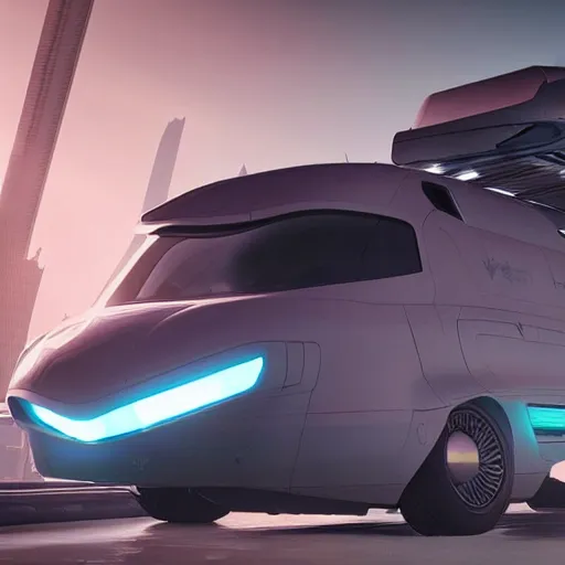 Image similar to cyberpunk alien concept of the a - team van with a pair of airplane wings on the sides flying trough the sky, futuristic look, highly detailed body, very powerful, photorealistic camera shot, crisp quality and light reflections, unreal engine 5 quality render