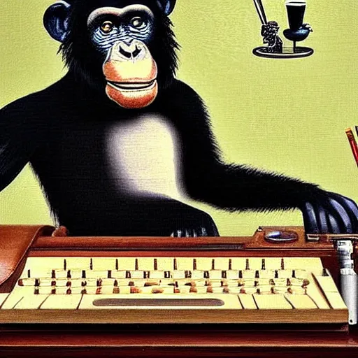 Image similar to a finely detailed painting of chimpanzee typing at a typewriter - there is a bottle of bourbon on the desk and a smouldering cigarette in the ashtray. In the style of norman rockwell