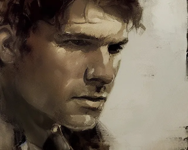 Image similar to portrait of young han solo young harrison ford in shades of grey but with brown by jeremy mann