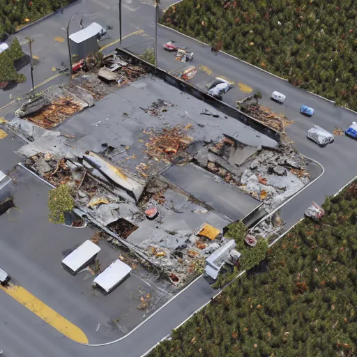 Prompt: top down aerial view of dilapidated gas - station with supermarket and shopping street in real life, desolate with zombies, dilapidated, zombies in the streets, nightmarish, some rusted style parked vehicles, sunny weather, few clouds, volumetric lighting, photorealistic, daytime, autumn, sharp focus, ultra detailed, cgsociety