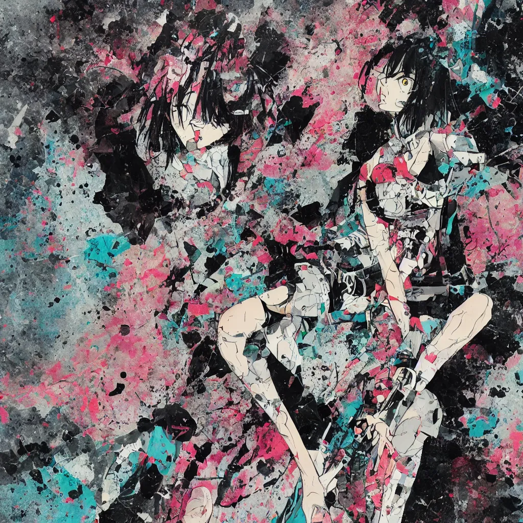 Image similar to girl figure, abstract, jet set radio artwork, ryuta ueda artwork, cryptic, rips, spots, asymmetry, stipple, lines, glitches, color tearing, pitch bending, stripes, dark, ominous, eerie, hearts, minimal, points, otomo katsuhiro artwork, technical, natsumi mukai artwrok, folds