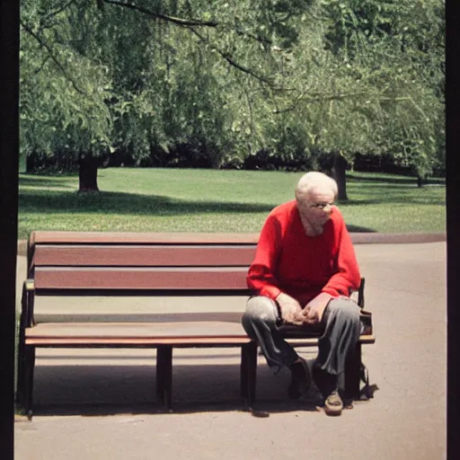 Prompt: Lonely man sitting on bench photographed by Andre Kertesz kodak 5247 stock, color photograph