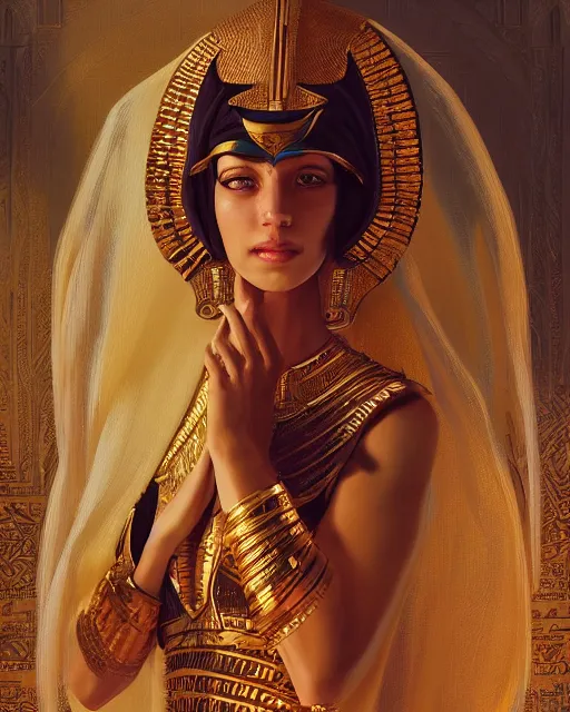 Image similar to Cathy Heaven as a beautiful egyptian princess, gorgeous, portrait, Symmetrical, powerful, intricate, beautiful, masterpiece, elegant, volumetric lighting, highly detailed, artstation, sharp focus, no cropping, illustration, Jean-Leon Gerome , ruan jia