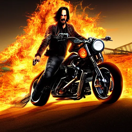 Image similar to Keanu reeves As Ghostrider digital art hyper realistic 4K quality