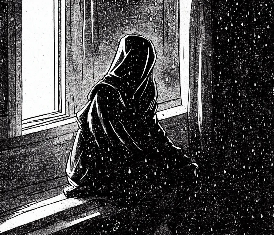 Prompt: sadie sink in hoodie sits on windowsill, knees tucked in | rain falls at night : storyboard, scifi cyberpunk. by gabriel hardman, chris bonura. cinematic atmosphere, detailed and intricate, perfect anatomy