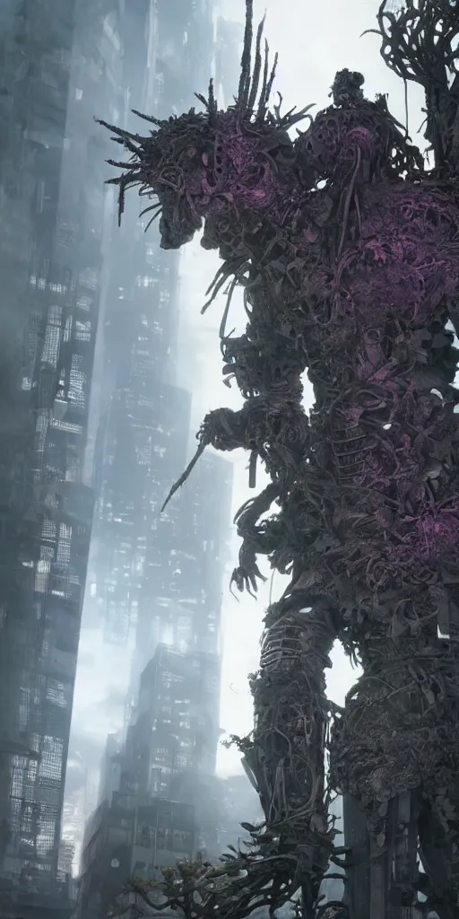 Prompt: a giant overgrown samurai statue standing in a cyberpunk city with nature taking back, dark fantasy, photorealism, unreal engine, purple hue, by H.R. Giger