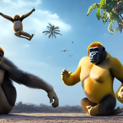 Image similar to gorilla and kangaroo fight, they are flying on a banana over the sky, high quality, highly detailed, 3 d octane render,