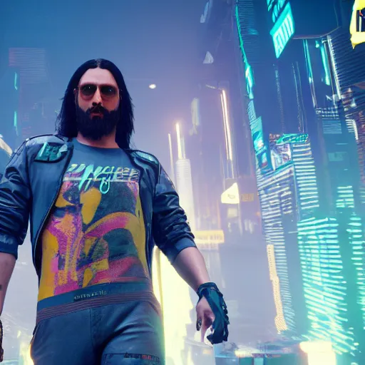 Image similar to Jesus in Cyberpunk 2077 with a pistol, concept art, unreal engine, 4k render, global illumination, blender, cycles, featured on artstation, pixiv