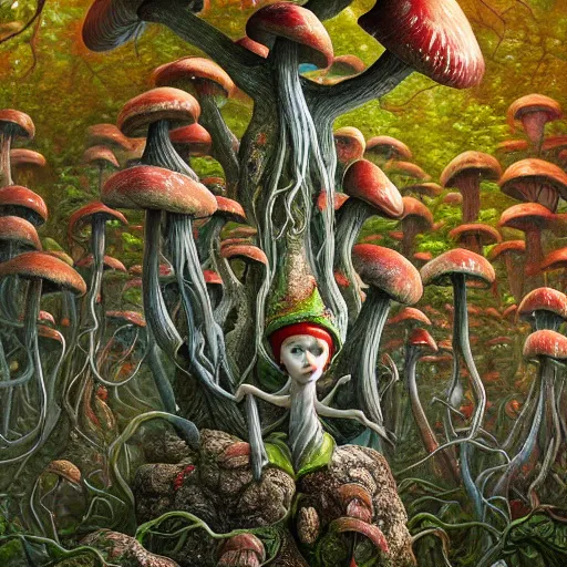 Image similar to Close up hyper detailed fantasy mushroom elf elves in the forest digital art, 4k, artstation deviantart concept art studio lighting by jacek yerka, alex gray, zdzisław beksiński, dariusz zawadzki, jeffrey smith and h.r. giger, oil on canvas, 8k highly professionally detailed, trending on artstation