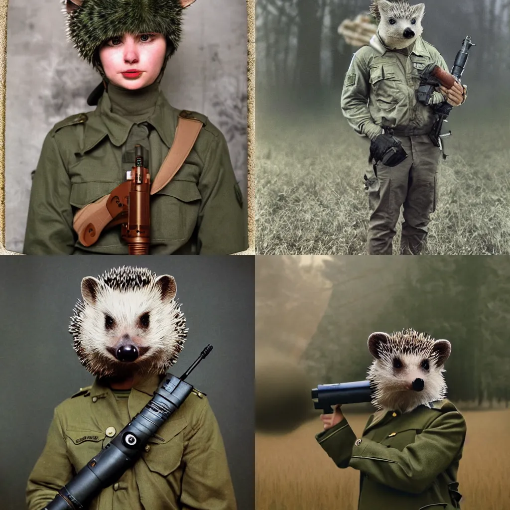 Prompt: anthropomorphic hedgehog!!!! wearing army soldier uniform holding bazooka, secretly on a village, Cinematic focus, Polaroid photo, vintage, neutral colors, soft lights, foggy, by Steve Hanks, by Serov Valentin, by lisa yuskavage, by Andrei Tarkovsky