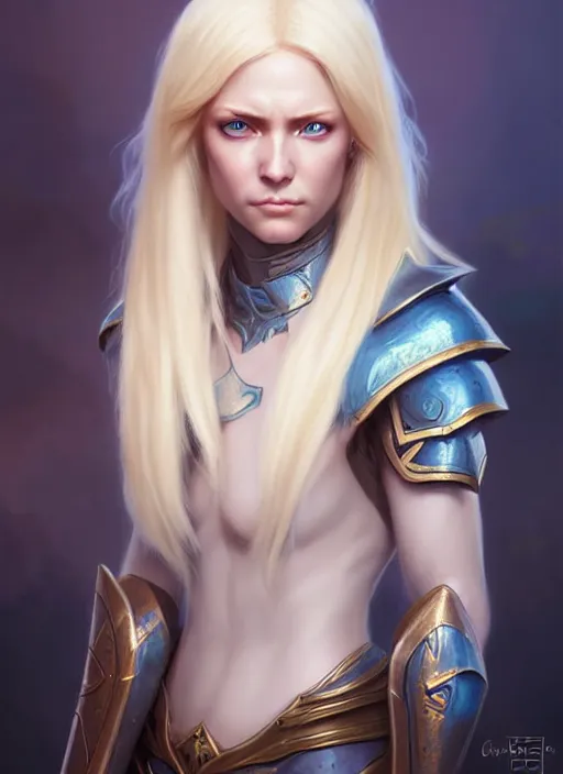 Image similar to a fantasy style portrait painting of shy white female paladin with blonde hair and blue eyes shy scarred left eye, holy oil painting unreal 5 daz. rpg portrait extremely detailed artgerm greg rutkowski _ greg