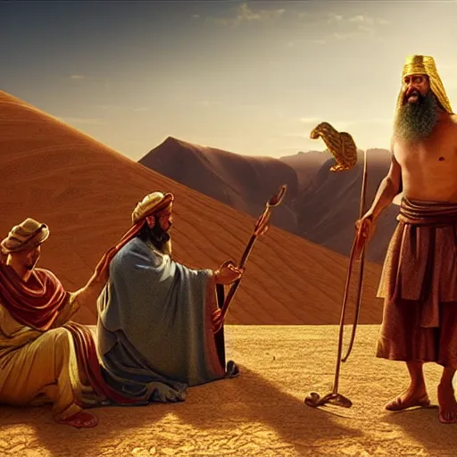 Prompt: moses and the hebrew people in desert praising a golden snake, cinematic view, ultra hd