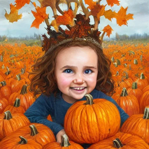 Image similar to a cute little girl with light brown wavy curly hair and blue eyes sitting amidst piles of pumpkins. beautiful cute highly detailed face. she is wearing a crown of autumn leaves. autumn and fall and halloween themed painting by artgerm and greg rutkowski and magali villanueve.