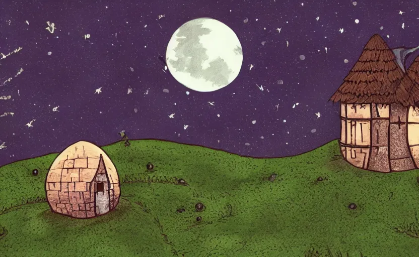 Prompt: a witch's cottage on a lonely hill against a giant moon, color ink, storybook, gouache, flat, concept art, lush