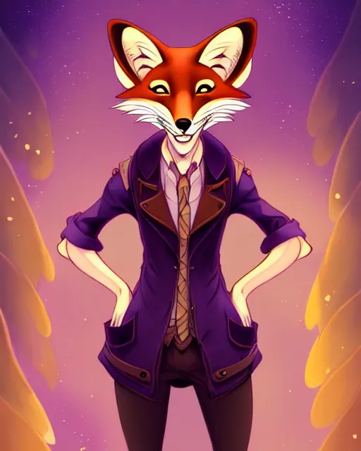 Image similar to don bluth, loish, artgerm, steampunk, clockpunk anthropomorphic fox girl, purple vest, smiling, symmetrical eyes symmetrical face, colorful animation forest background